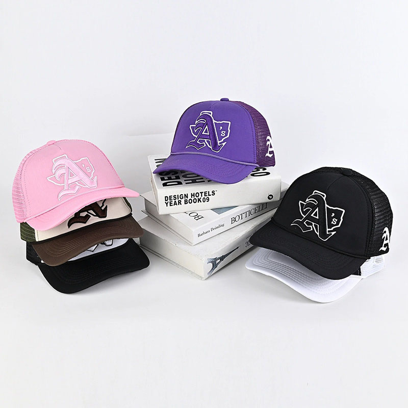 Factory Wholesale Embroidery Rope Mesh Trucker Cap Custom Pink 5 Panel Summer Fashion Sports Baseball Caps