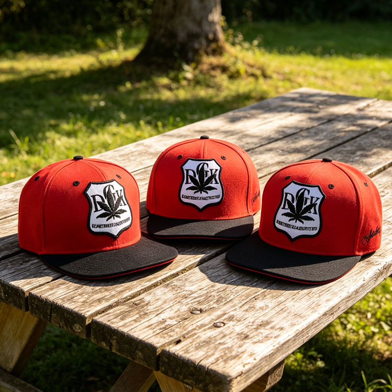 Red embroidered snapback cap