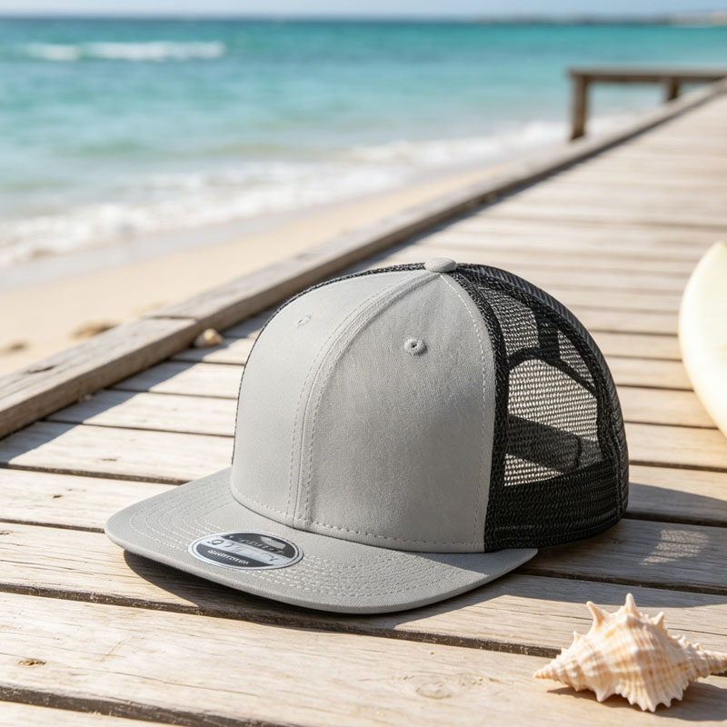 Promotional New Fashion 6 Panel Mesh Trucker Cap Custom Color Blank Flat Brim Snapback Hat for Sports Hiking