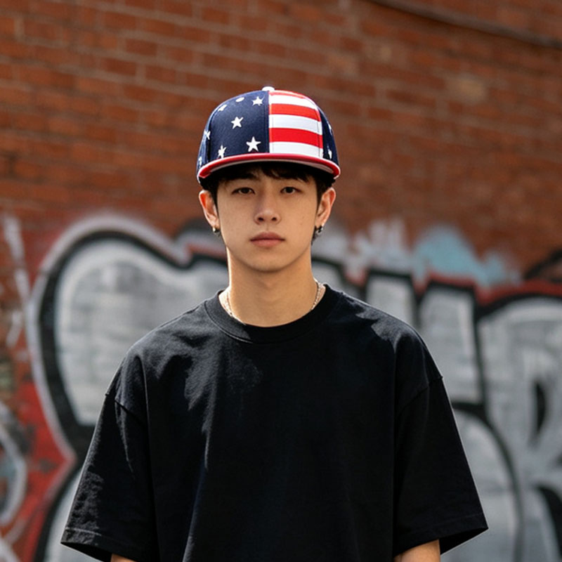 Fashion Stripe Star Contrast Color Snapback Cap Custom Logo Black Acrylic Flat Brim Baseball Hat