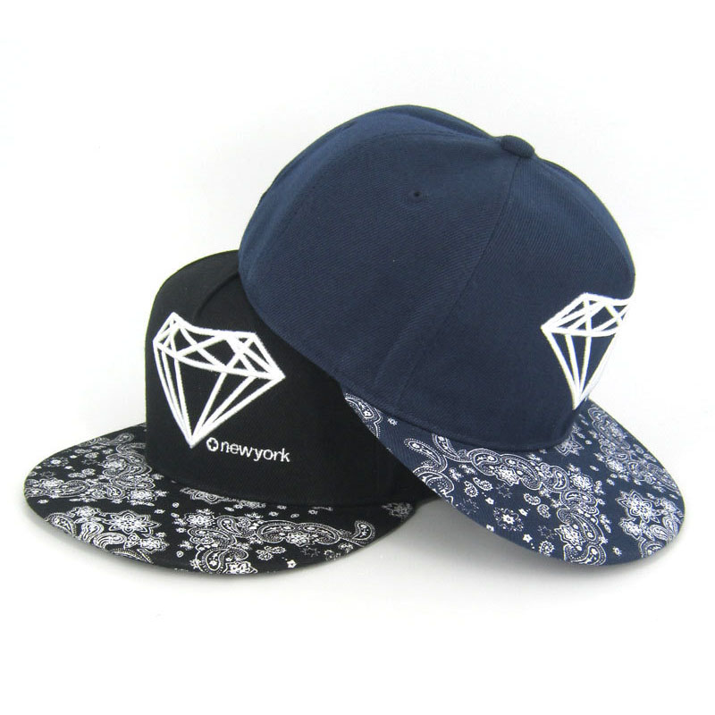 Custom Diamond Embroidery Black Snapback Cap Promotional Plain Leisure Flat Brim Dandy Hat
