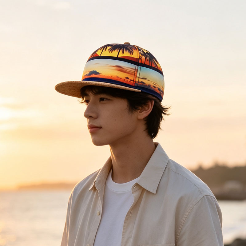 Wholesale Coconut Tree Printed Snapback Cap Custom Logo Summer Seaside Vintage Flat Brim Hat