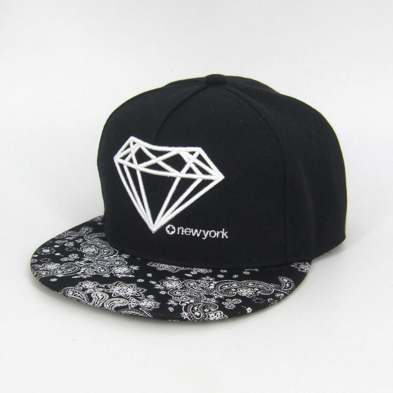 Custom Diamond Embroidery Black Snapback Cap Promotional Plain Leisure Flat Brim Dandy Hat