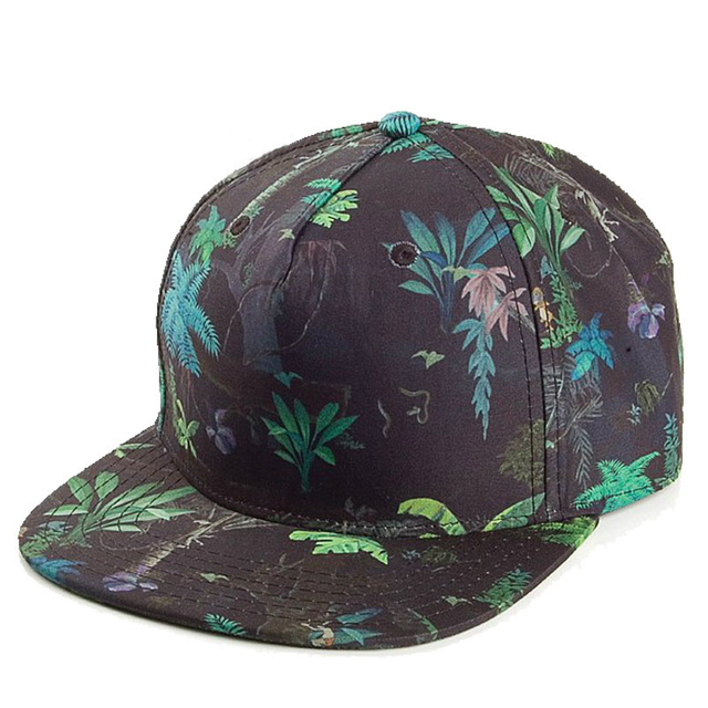 Custom Printed Plant Pattern Polyester Snapback Cap Fashion Hip Hop Summer Flat Brim Hat