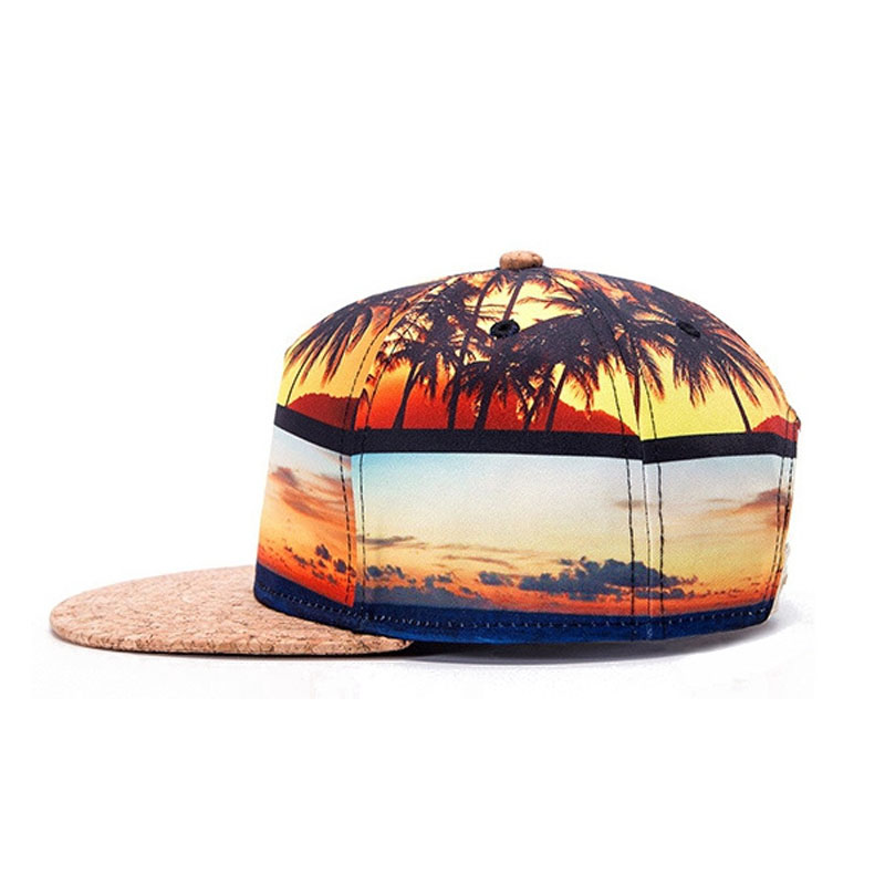 Wholesale Coconut Tree Printed Snapback Cap Custom Logo Summer Seaside Vintage Flat Brim Hat