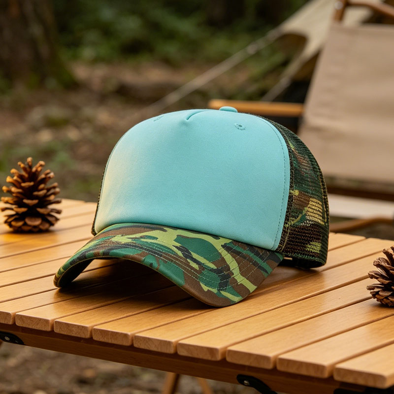 New Custom Green Camouflage Mesh Trucker Cap Comfortable Breathable Leisure Sport Baseball Caps 5 Panel Foam Trucker Hat