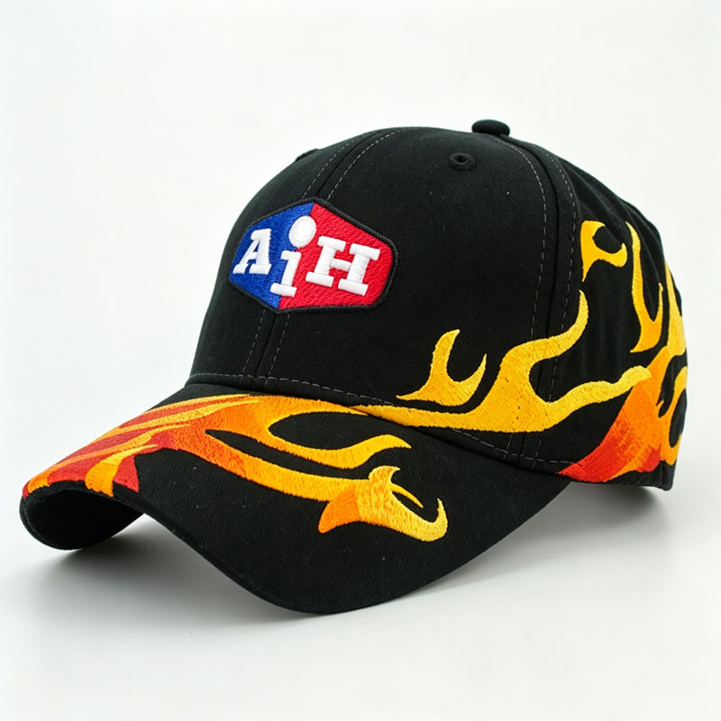 High Quality New Fashion 6 Panel Baseball Cap Custom Fire Embroidery Outdoor Racing Hat