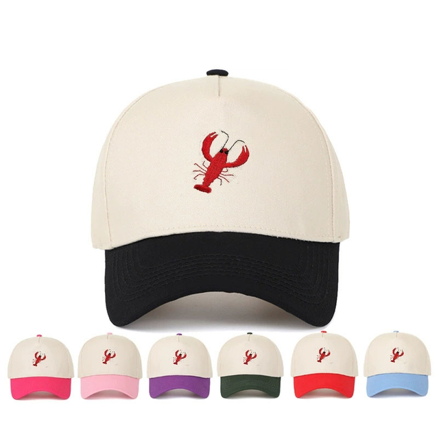 Custom Lobster Embroidery Fashion Leisure Baseball Cap Two Color Vintage Cotton 5 Panel Hat