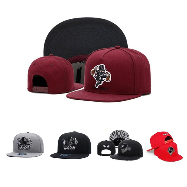 Factory Wholesale 5 Panel Black Snapback Cap Fashion Cartoon Embroidery Cotton Hat